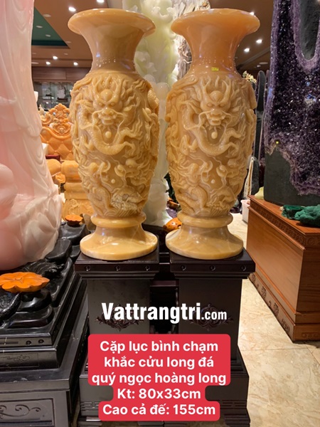 Cặp lục bình chạm khắc cửu long đá quý ngọc hoàng long 80cm