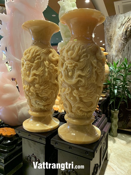 Cặp lục bình chạm khắc cửu long đá quý ngọc hoàng long 80cm