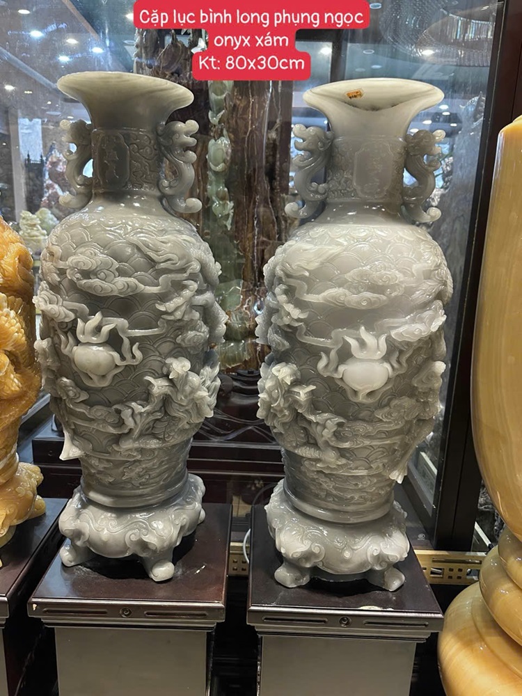 Cặp lục bình long phụng sum vầy ngọc onyx xám 80cm