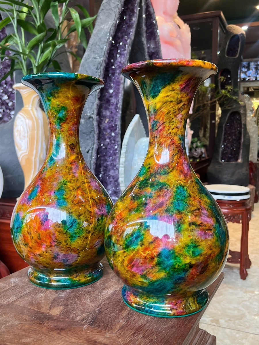 Cặp Lục Bình Ngọc Chalcedony Vân Khổng Tước 30cm