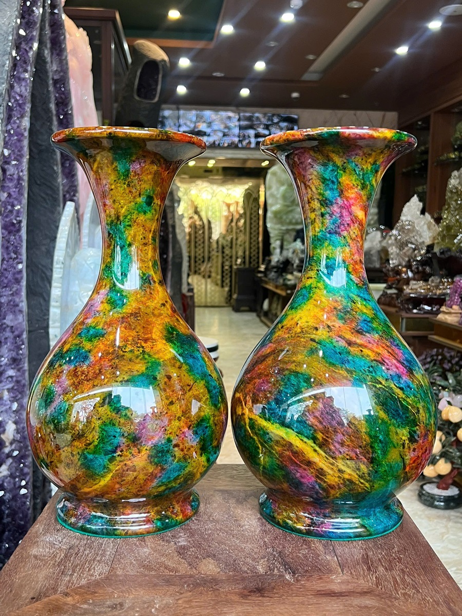 Cặp Lục Bình Ngọc Chalcedony Vân Khổng Tước 30cm