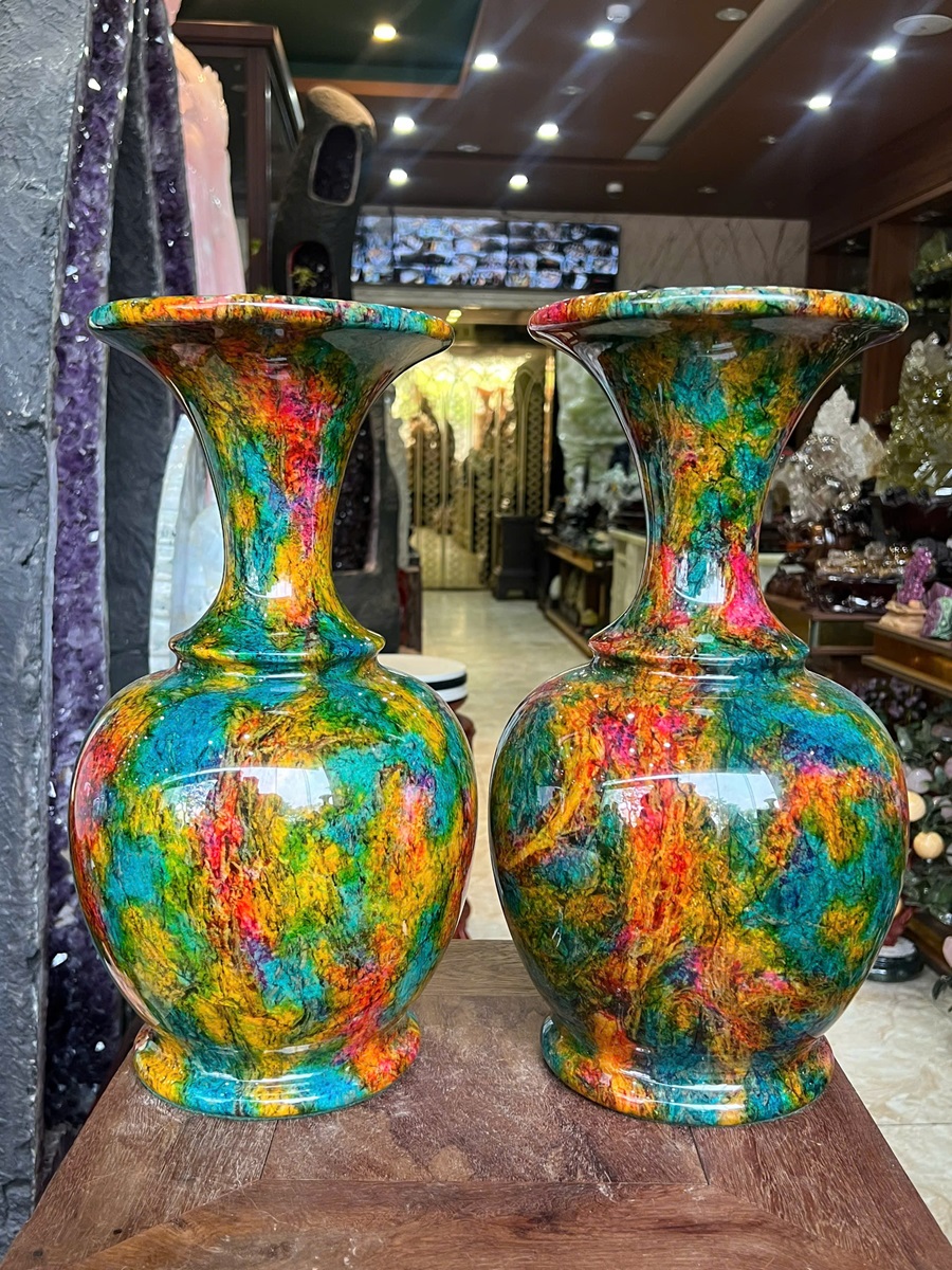 Cặp Lục Bình Ngọc Chalcedony Vân Khổng Tước 38cm