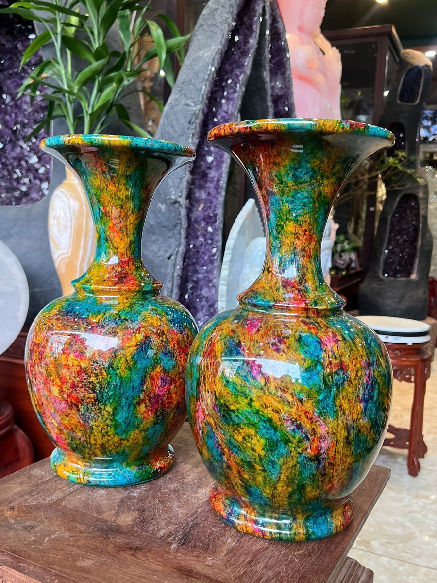 Cặp Lục Bình Ngọc Chalcedony Vân Khổng Tước 38cm