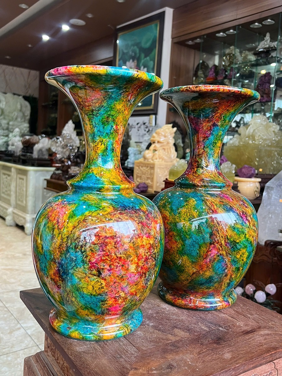 Cặp Lục Bình Ngọc Chalcedony Vân Khổng Tước 38cm