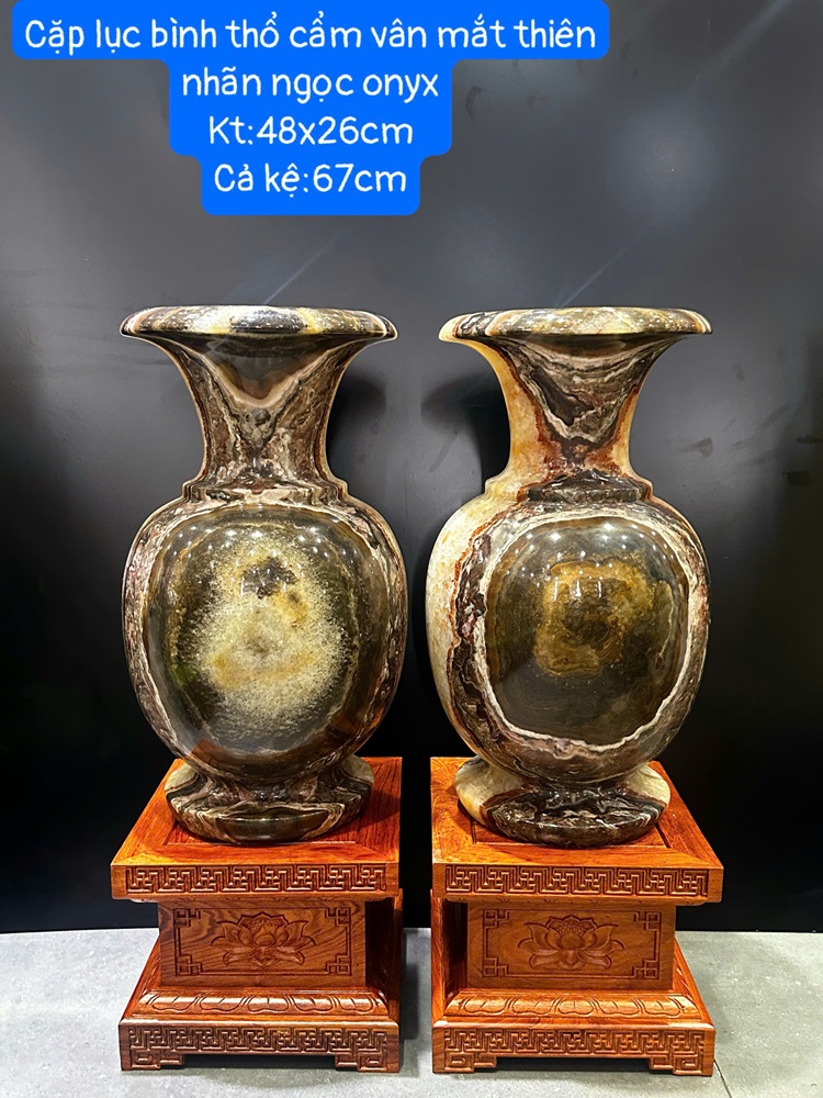 Cặp lục bình thổ cẩm vân mắt thiên nhãn ngọc onyx 48cm