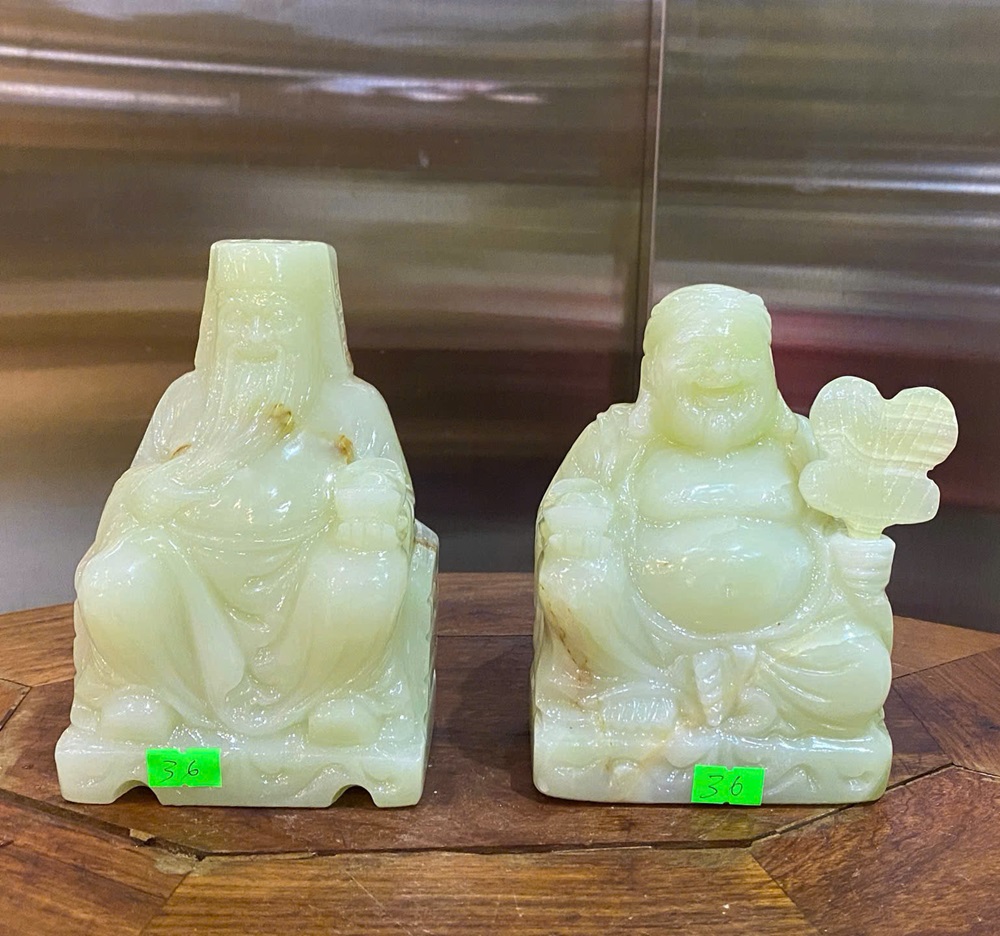 Cặp Thần tài thổ địa ngọc onyx xanh 15cm