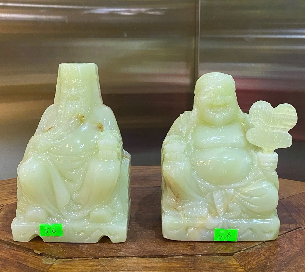 Cặp Thần tài thổ địa ngọc onyx xanh 15cm