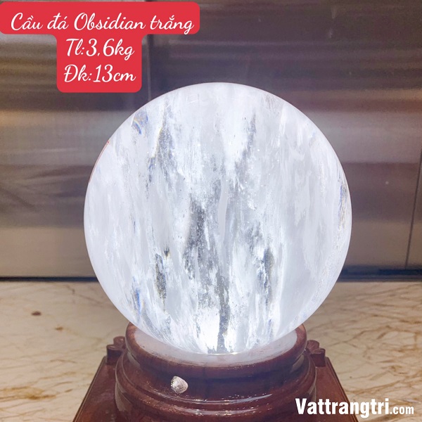 Cầu Đá Obsidian Trắng 13cm - Kèm Đế Điện