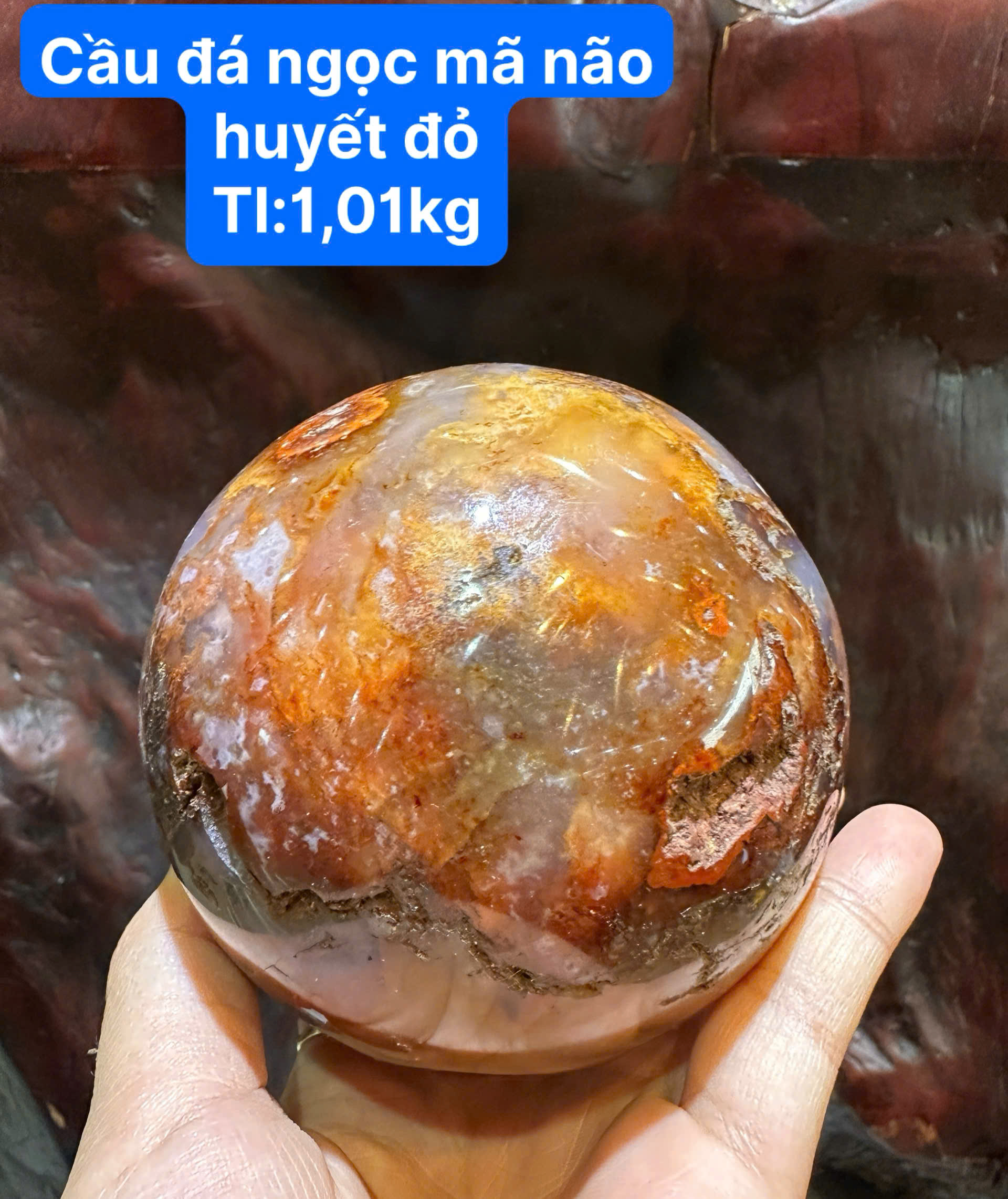 Quả Cầu Ngọc Mã Não Huyết Đỏ 1,01kg Đại Cát Đại Phát, Hộ Mệnh Gia Đường