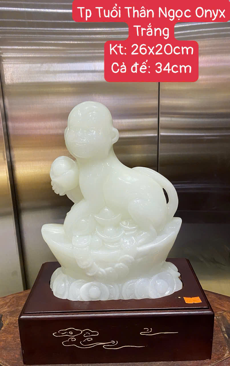 Tượng Khỉ Tuổi Thân Ngọc Onyx Trắng Bạch Ngọc Cát Tường – Trí Tuệ Thông Minh – Khai Mở Thăng Tiến