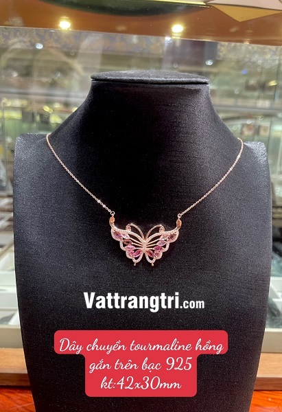 Dây chuyền đá tourmaline hồng hình bướm bạc 925
