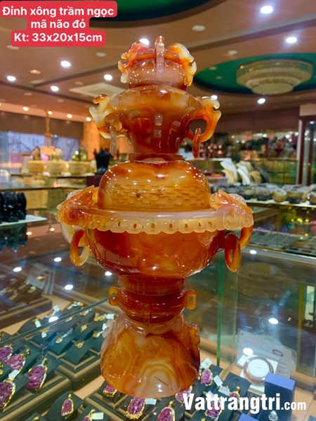 Đỉnh xông trầm ngọc mã não đỏ 33cm