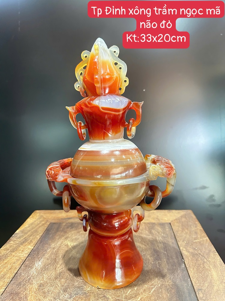 Đỉnh xông trầm ngọc mã não đỏ 33cm