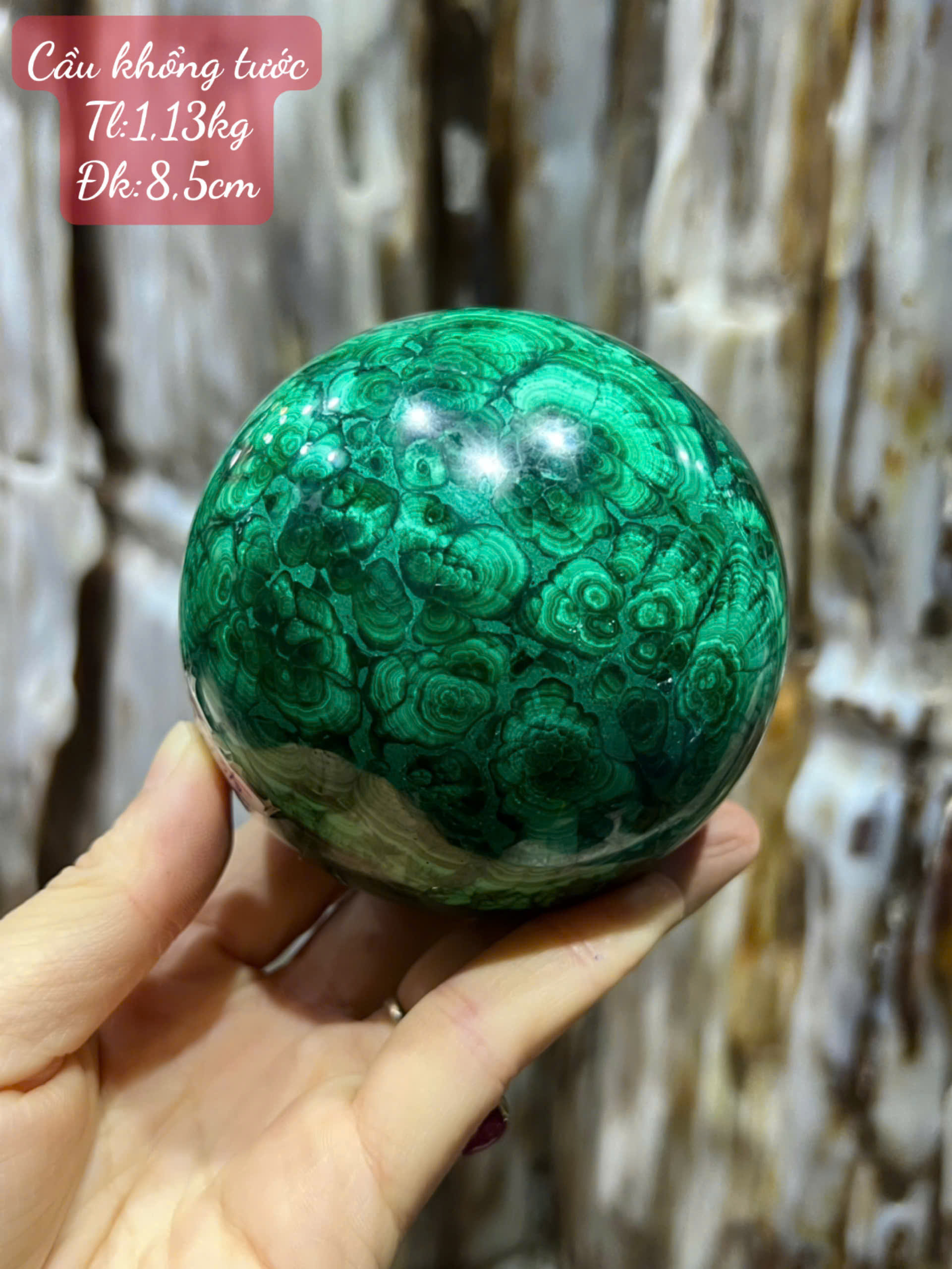 Quả Cầu Ngọc Khổng Tước (Malachite) 8,5cm Vân Đá Độc Bản, Khơi Thông Tài Vận