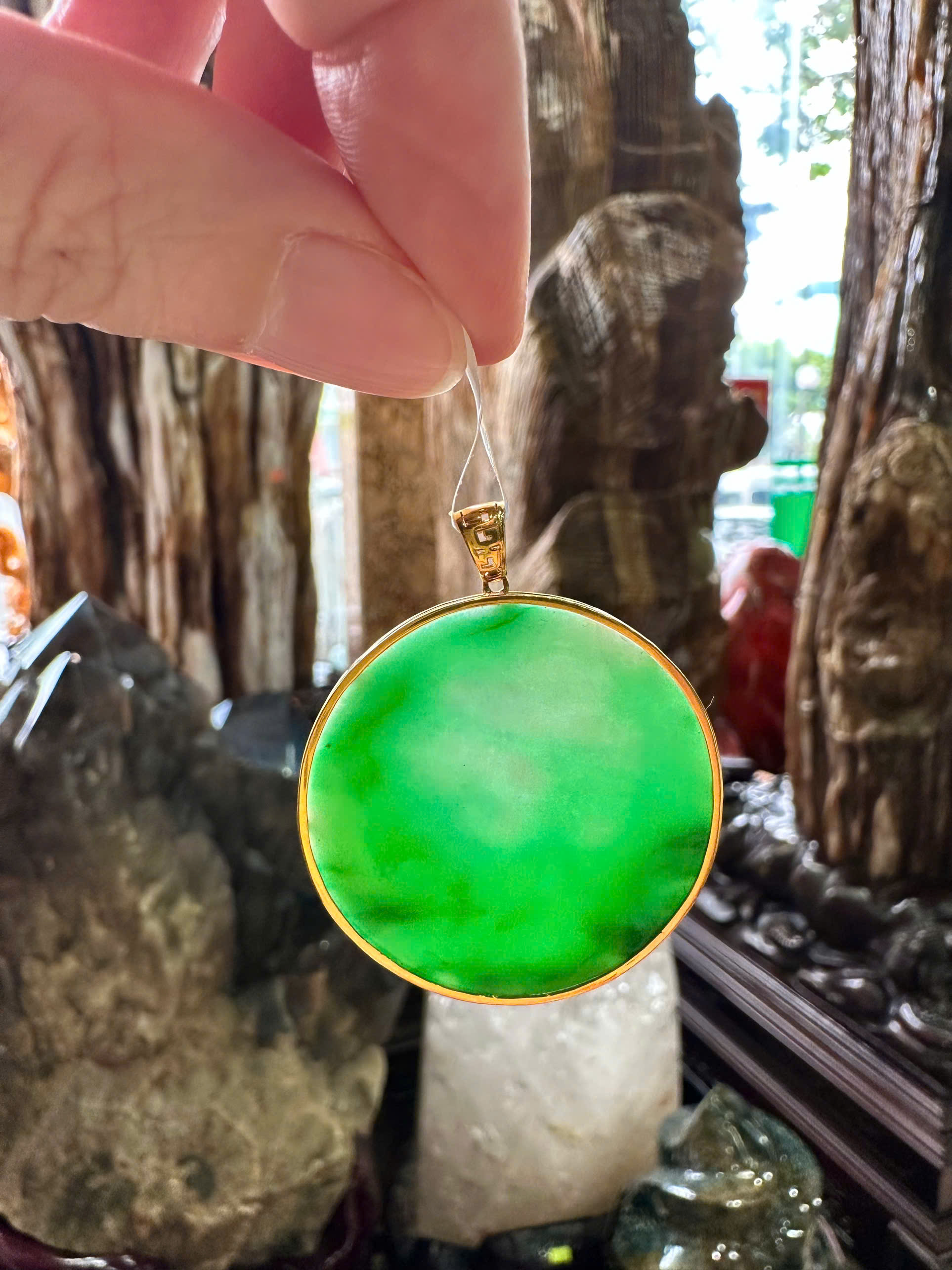Thẻ Vô Sự Bài Hình Tròn Ngọc Phỉ Thúy Móc Vàng 18K Viên Mãn Bình An, Phú Quý Trường Tồn