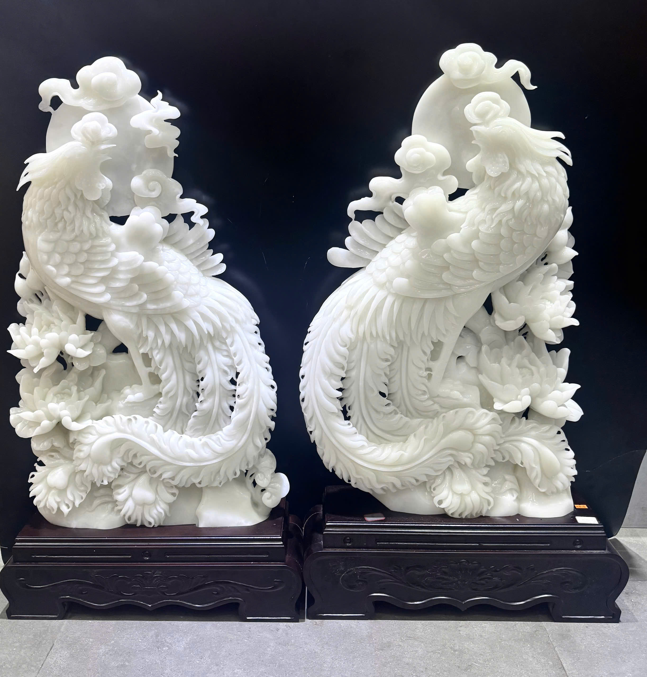 Cặp Khổng Tước Ngọc Onyx Trắng Đại Khối Tuyệt Tác Phú Quý Cát Tường Bảo Tụ Gia Đạo