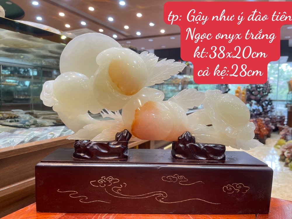 Gậy Như Ý Đào Tiên Ngọc Onyx Trắng 38x20cm