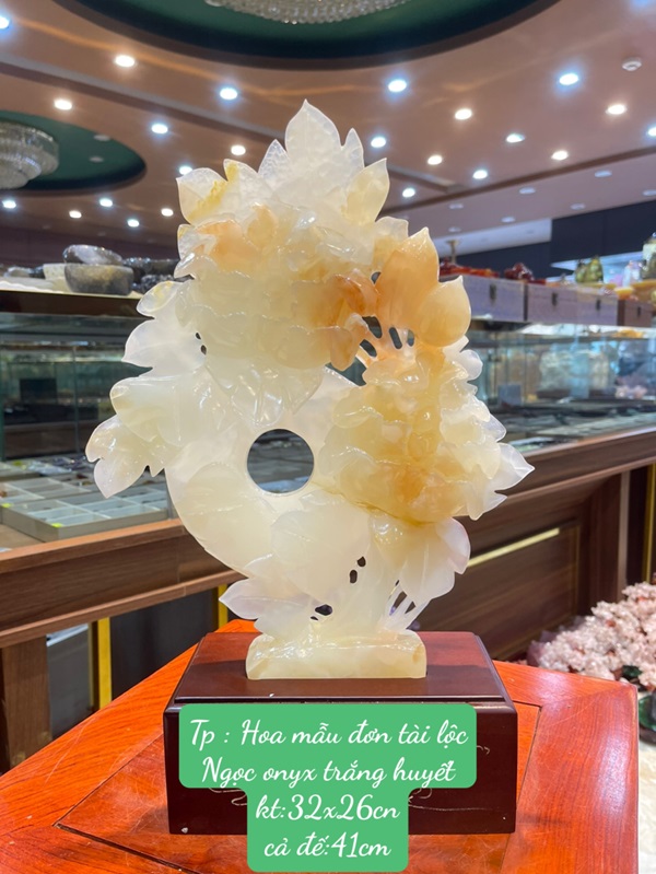 Hoa Mẫu Đơn Tài Lộc Ngọc Onyx Trắng Huyết 32cm