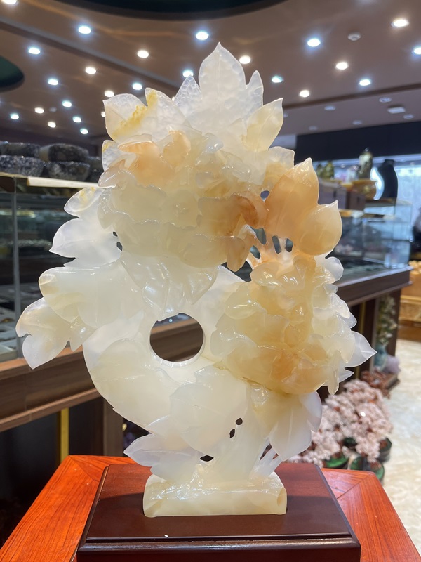 Hoa Mẫu Đơn Tài Lộc Ngọc Onyx Trắng Huyết 32cm