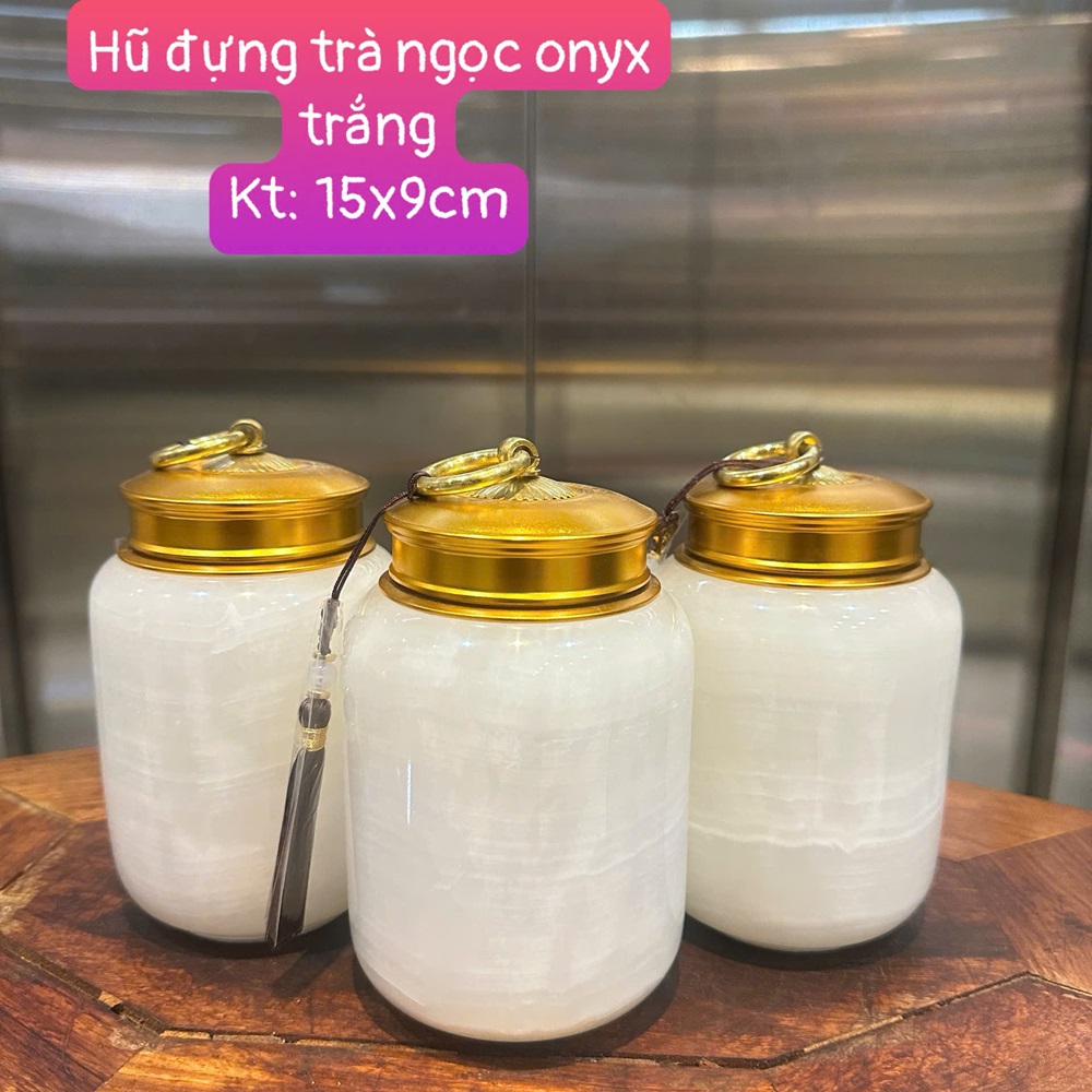 Hũ đựng trà ngọc onyx trắng 15x9cm