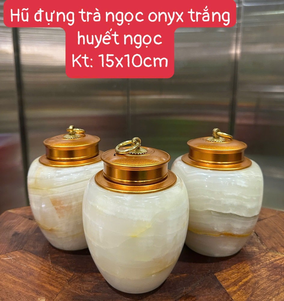 Hũ đựng trà ngọc onyx trắng huyết ngọc 15x10cm