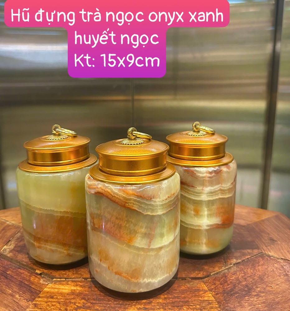 Hũ đựng trà ngọc onyx xanh huyết ngọc 15x9cm