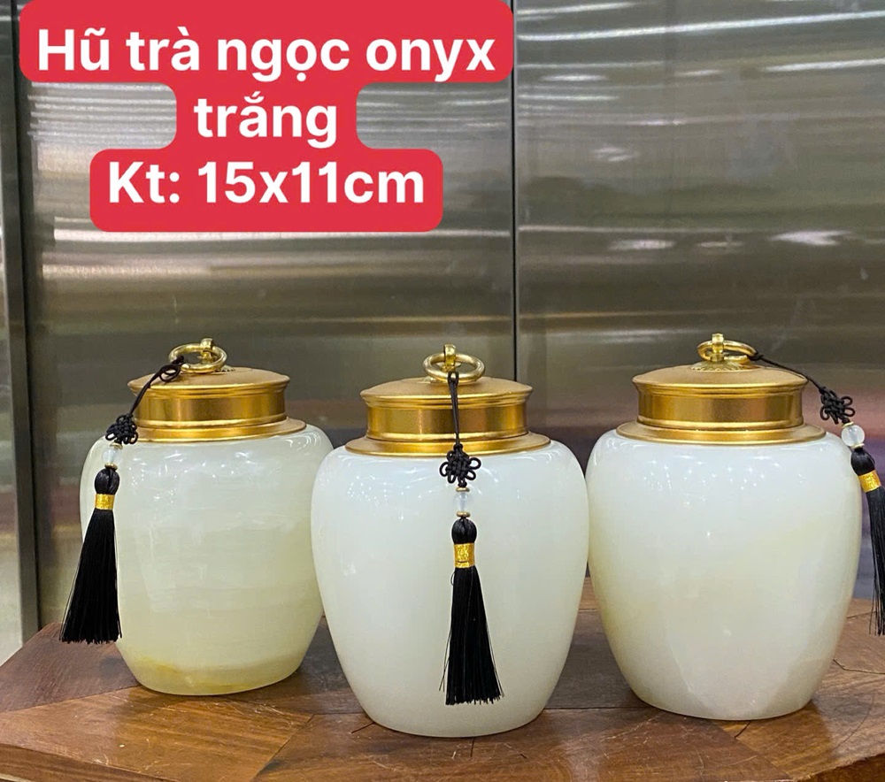 Hũ trà ngọc onyx trắng 15x11cm
