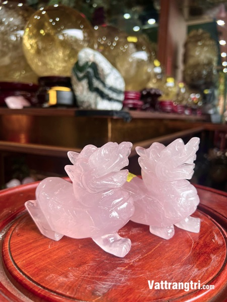 Linh vật cặp tỳ hưu đá thạch anh hồng 10cm