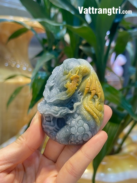 Mặt chạm khắc đầu Rồng Ngọc Phỉ Thuý lam dầu 75mm