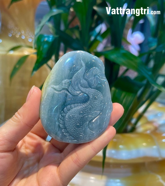 Mặt chạm khắc đầu Rồng Ngọc Phỉ Thuý lam dầu 75mm