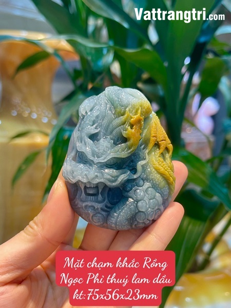 Mặt chạm khắc đầu Rồng Ngọc Phỉ Thuý lam dầu 75mm