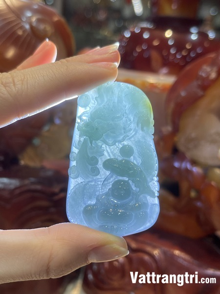 Mặt chạm khắc Phật Di Lặc cưỡi rồng Ngọc phỉ thuý lam dầu 63mm