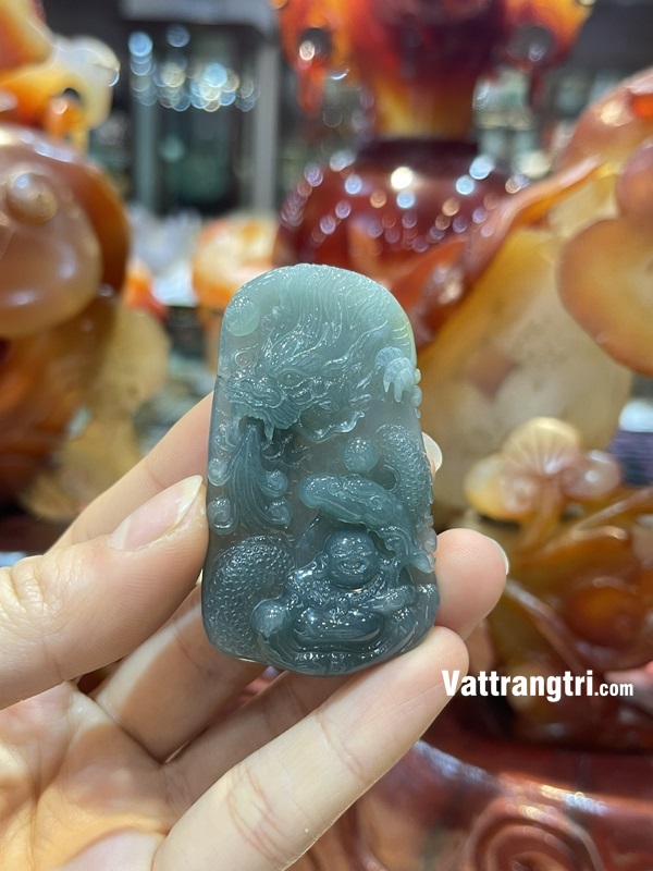 Mặt chạm khắc Phật Di Lặc cưỡi rồng Ngọc phỉ thuý lam dầu 63mm