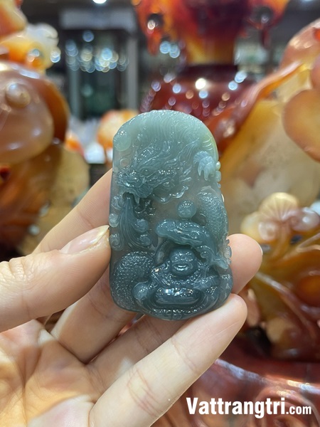 Mặt chạm khắc Phật Di Lặc cưỡi rồng Ngọc phỉ thuý lam dầu 63mm