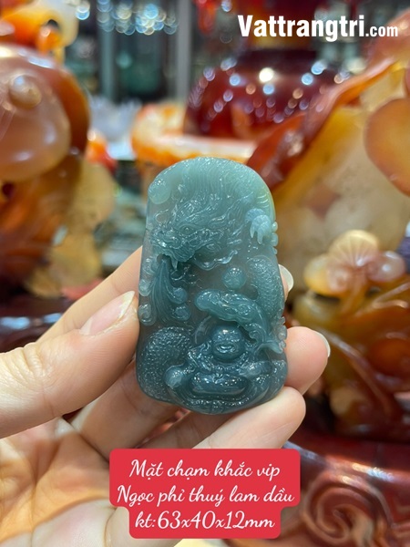 Mặt chạm khắc Phật Di Lặc cưỡi rồng Ngọc phỉ thuý lam dầu 63mm