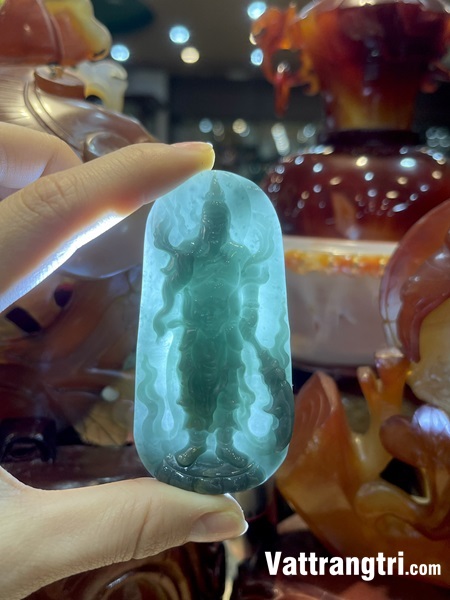 Mặt chạm khắc quan công Ngọc Phỉ thuý lam dầu 78mm