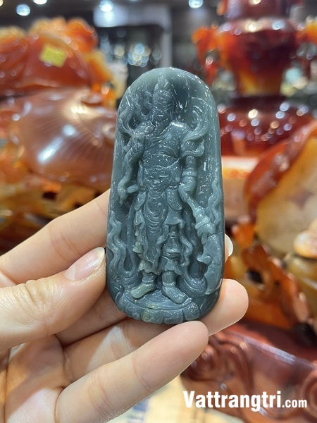 Mặt chạm khắc quan công Ngọc Phỉ thuý lam dầu 78mm