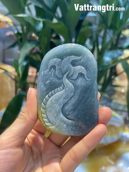 Mặt chạm khắc Rồng Ngọc Phỉ thuý lam dầu 85mm