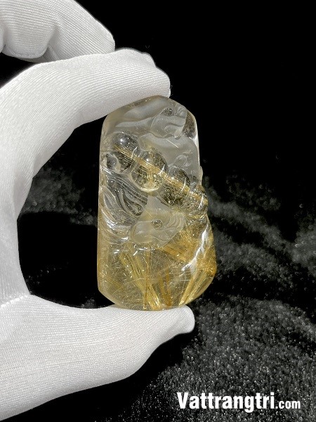 Mặt dây thạch anh tóc vàng chạm khắc Rồng 68mm