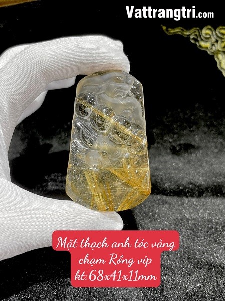 Mặt dây thạch anh tóc vàng chạm khắc Rồng 68mm