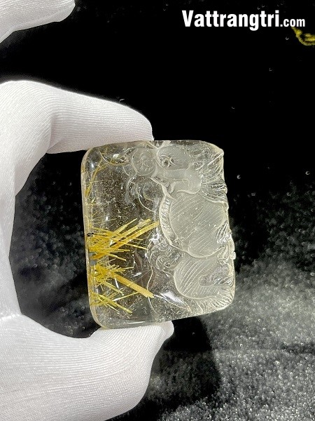 Mặt vuông thạch anh tóc vàng chạm Rồng 55mm