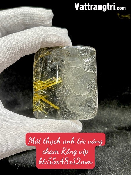 Mặt vuông thạch anh tóc vàng chạm Rồng 55mm