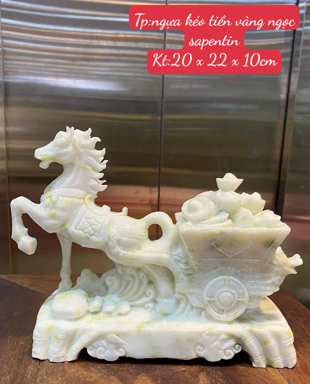 Ngựa Kéo Tiền Vàng Ngọc Serpentine 20x22x10cm