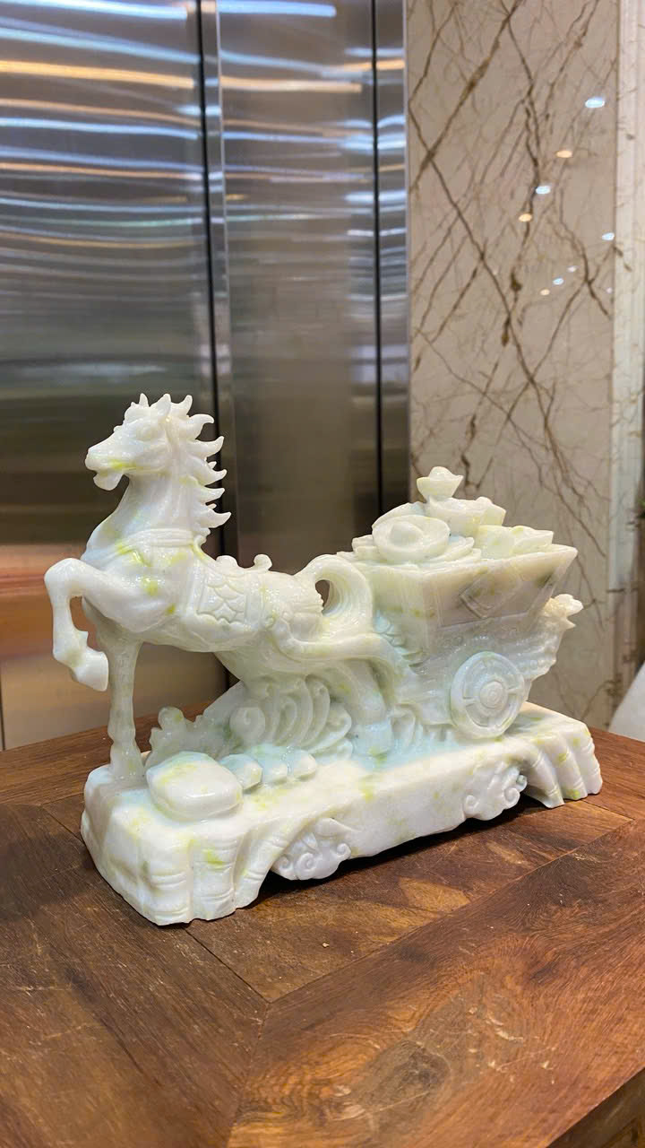 Ngựa Kéo Tiền Vàng Ngọc Serpentine 20x22x10cm