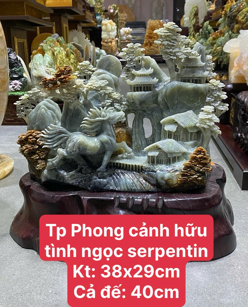 Tác phẩm phong cảnh hữu tình ngọc Serpentine 45x38cm