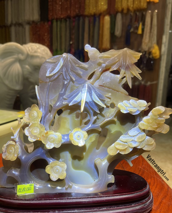 Tác Phẩm Tượng Hoa khai phú quý đón tài lộc Ngọc mã não tự nhiên 28cm