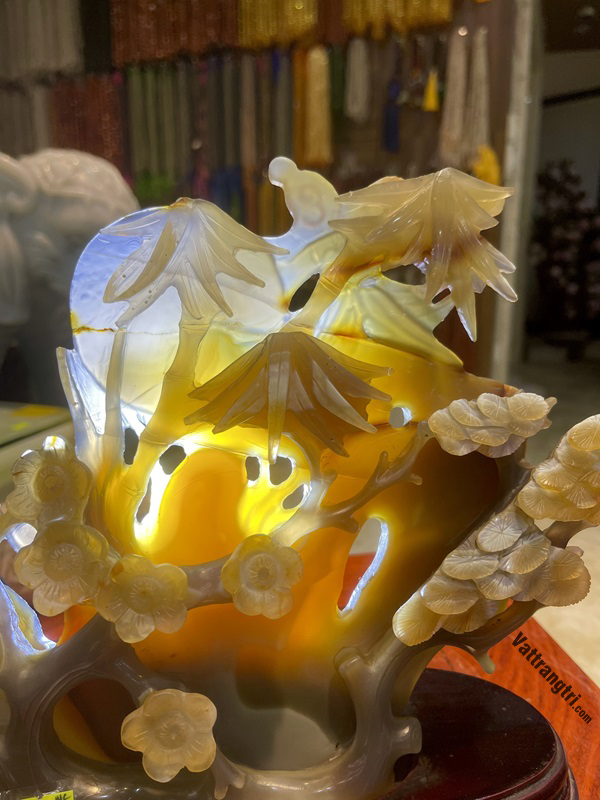 Tác Phẩm Tượng Hoa khai phú quý đón tài lộc Ngọc mã não tự nhiên 28cm