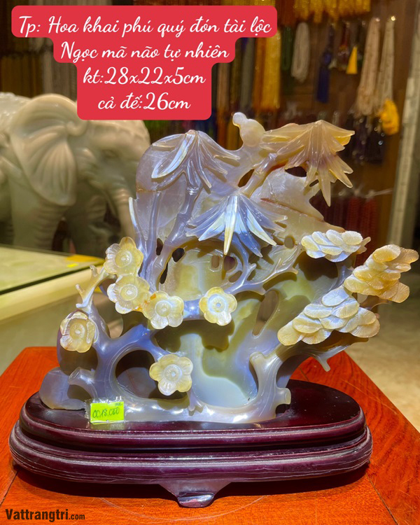 Tác Phẩm Tượng Hoa khai phú quý đón tài lộc Ngọc mã não tự nhiên 28cm