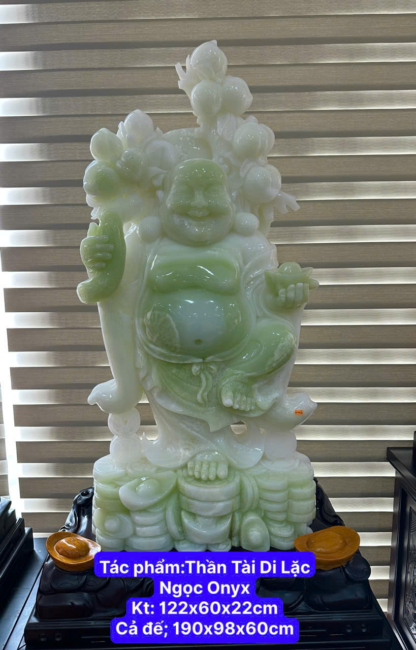 Thần tài di lặc cầm trượng đào tiên ngọc onyx 190cm