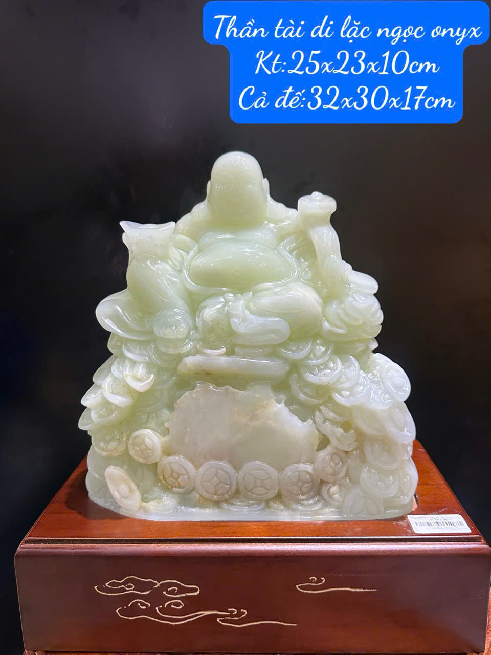 Thần tài di lặc ngồi túi tiền ngọc onyx trắng 32cm